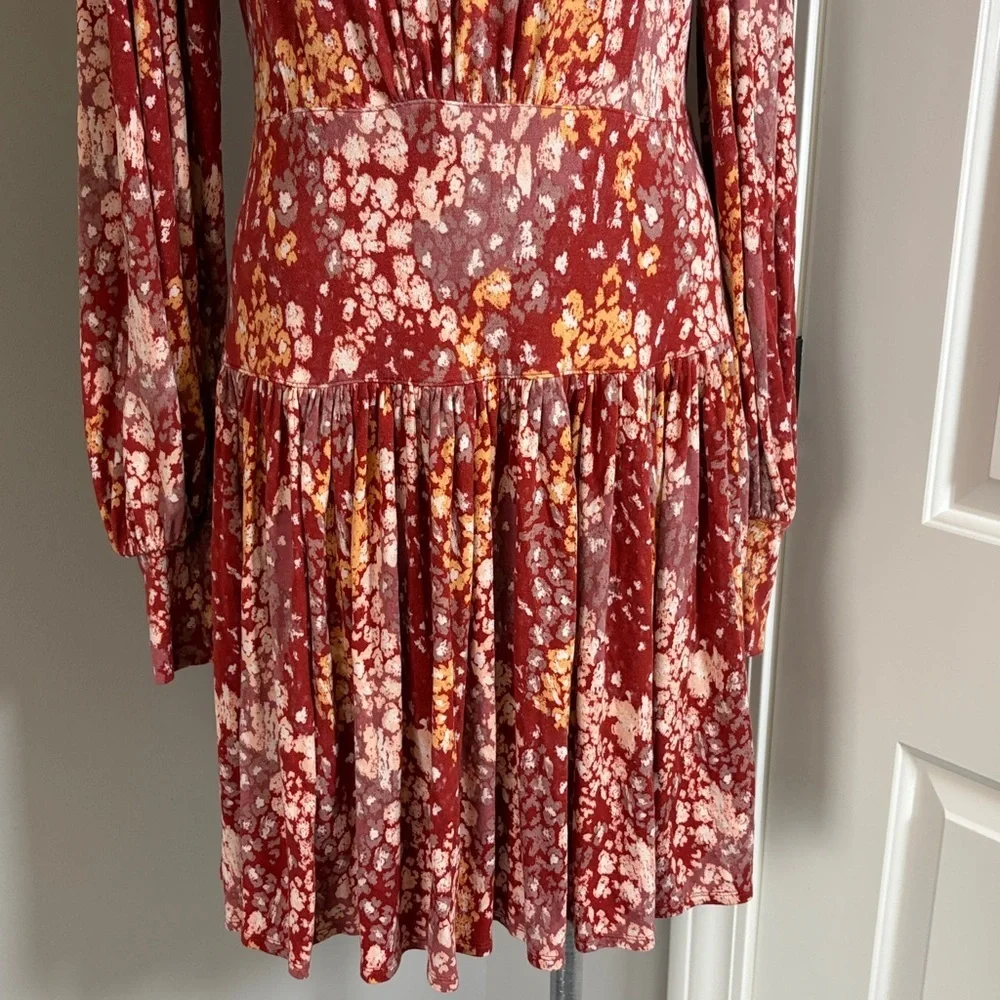 Free People Heartbeats Red Mini Dress Long Sleeve Rust Floral Mini Boho Sz M